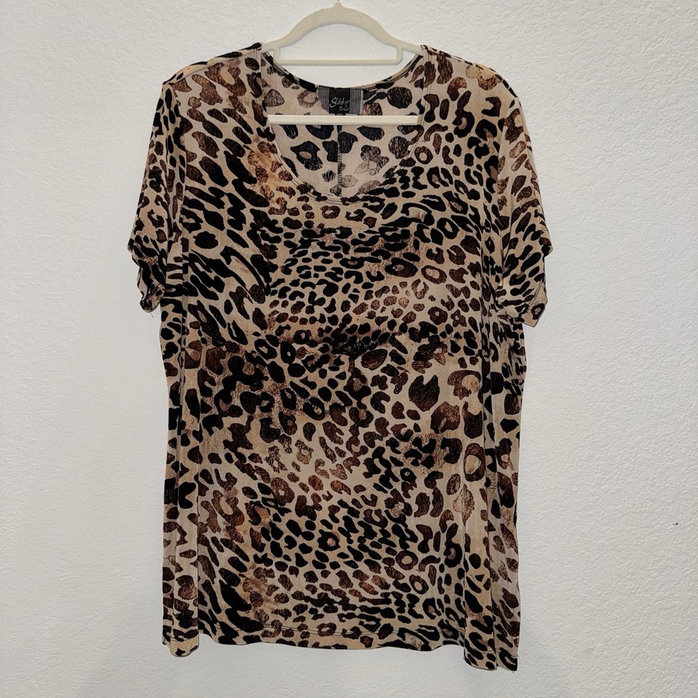 Slinky Brand Women's Sz 1X Leopard Print Pullover Shirt Short Sleeves Stretchy